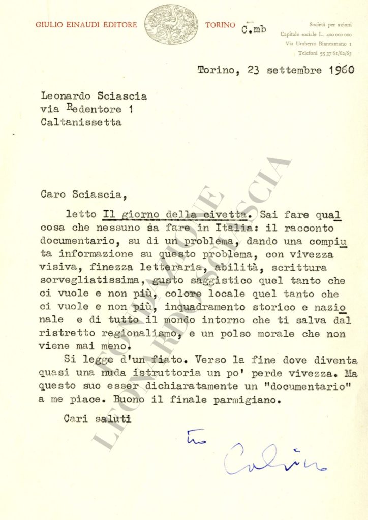 Lettera di Italo Calvino a Leonardo Sciascia