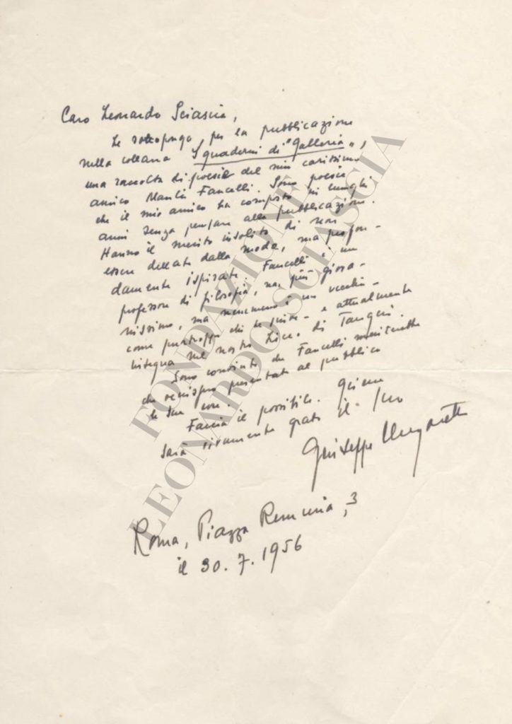 Lettera di Giuseppe Ungaretti a Leonardo Sciascia
